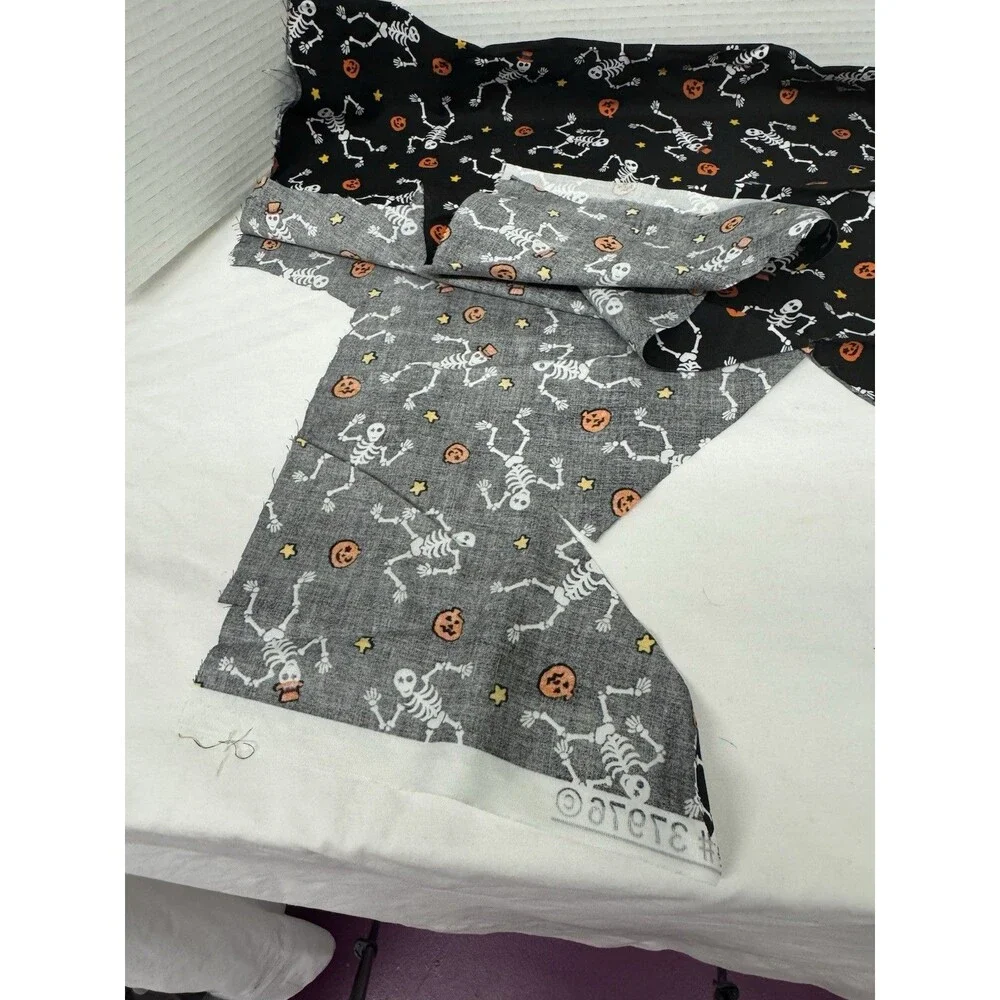 Halloween Cotton Fabric Pieces- Dancing Skeletons & Pumpkins on Black